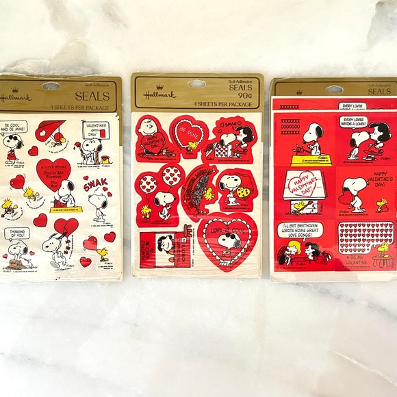 New Set of 3 Vintage 1970's Hallmark Peanuts Valentines Day Stickers